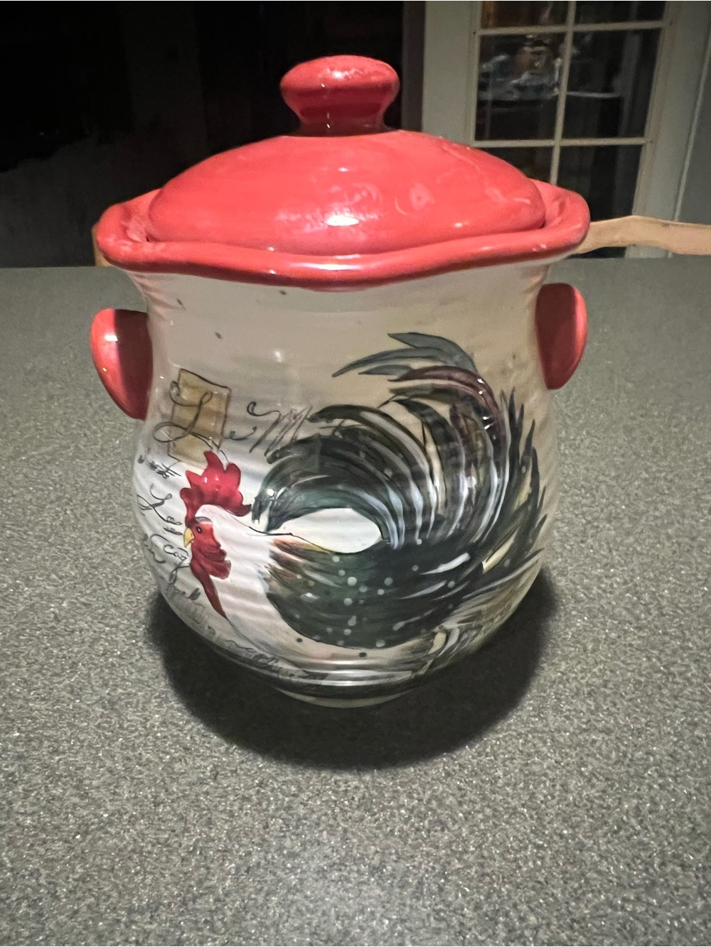 Hand-Painted Rooster Ceramic Canister with Red Lid